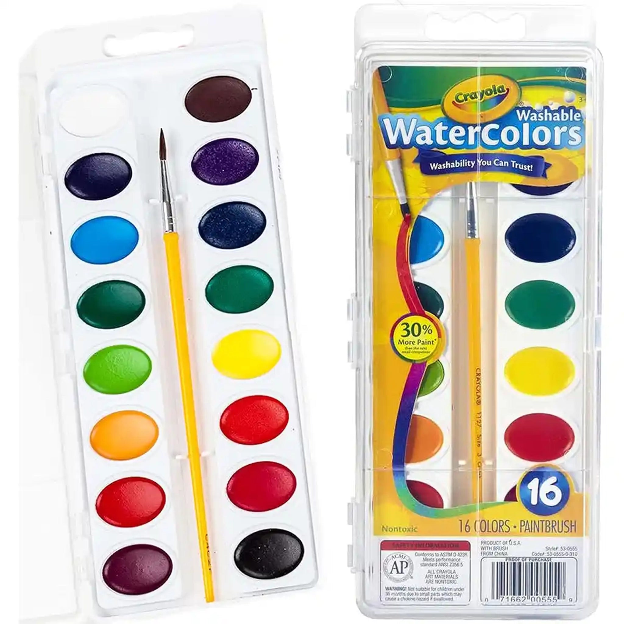16 Ct. Washable Watercolor Pans W/Brush
