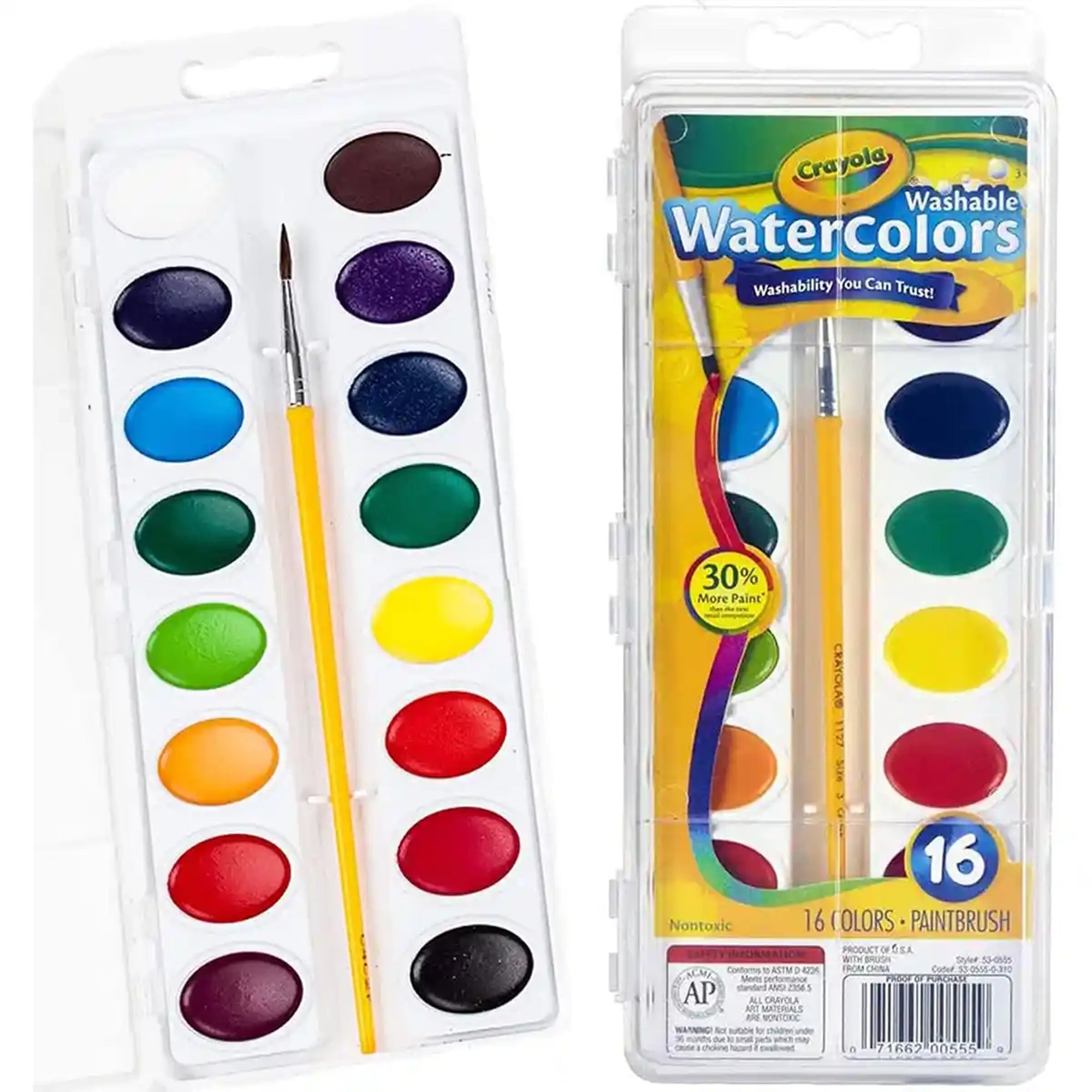16 Ct. Washable Watercolor Pans W/Brush