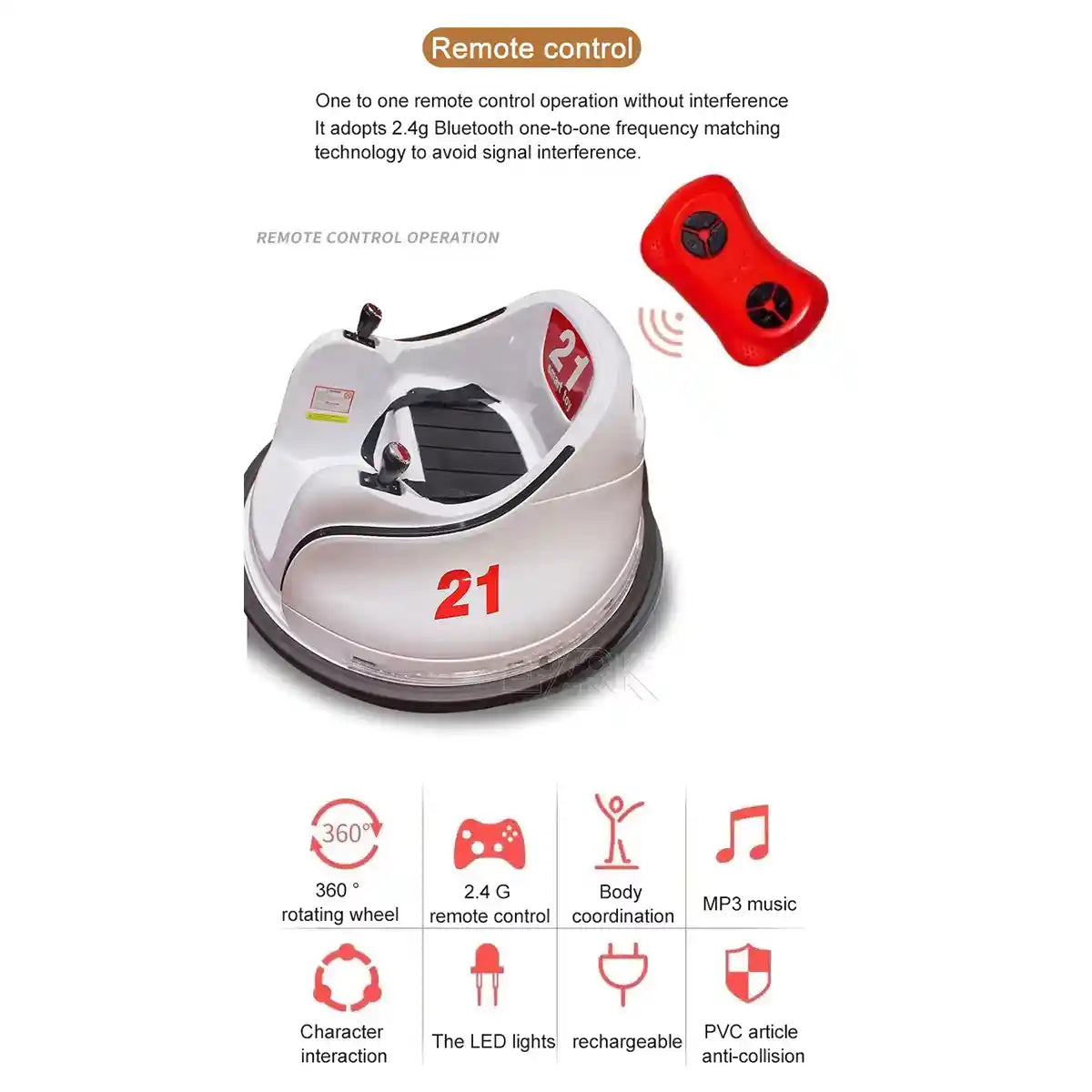 Bumper Spinning 360° Ride On Car White W/ 2motors