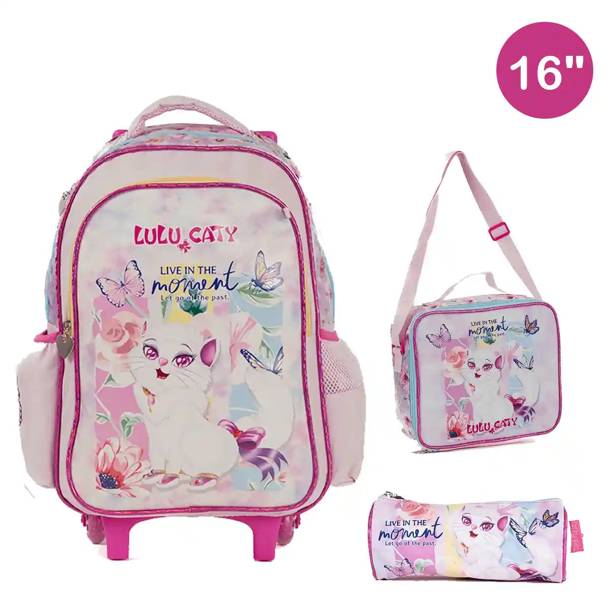 LULU CATY Trolley Bag 2 Main Compartments and 2 Side Pockets 16" W/ LUNCH BAG & PENCIL CASE