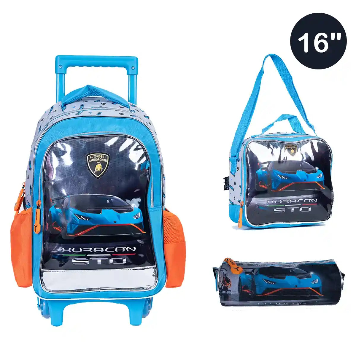Lamborghini Trolley Bag 2 Main Compartments and 2 Side Pockets 16" W/ LUNCH BAG & PENCIL CASE