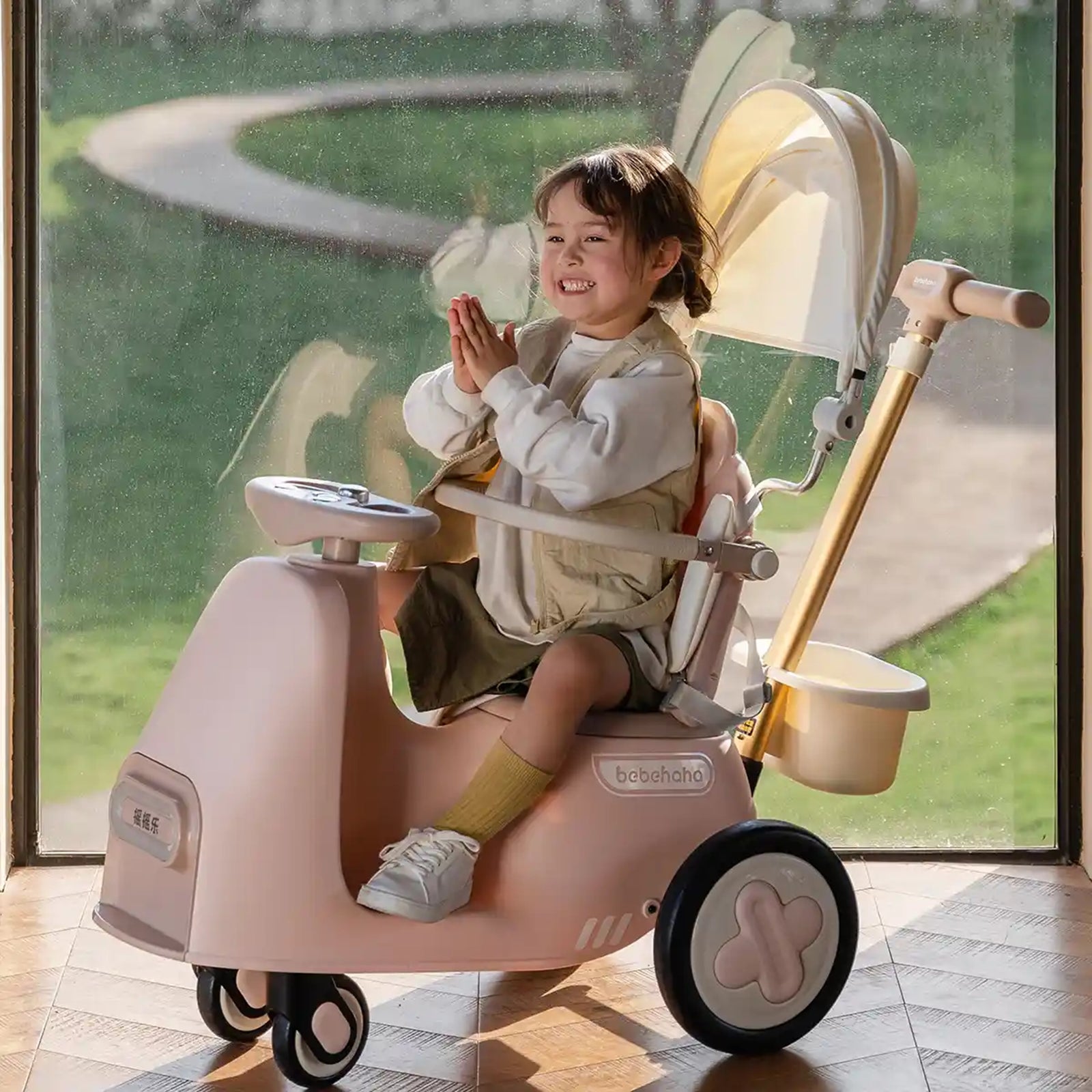 2 In 1 Hooded Baby Stroller/Walker, Parents Push Car, For Age 1+  Pink