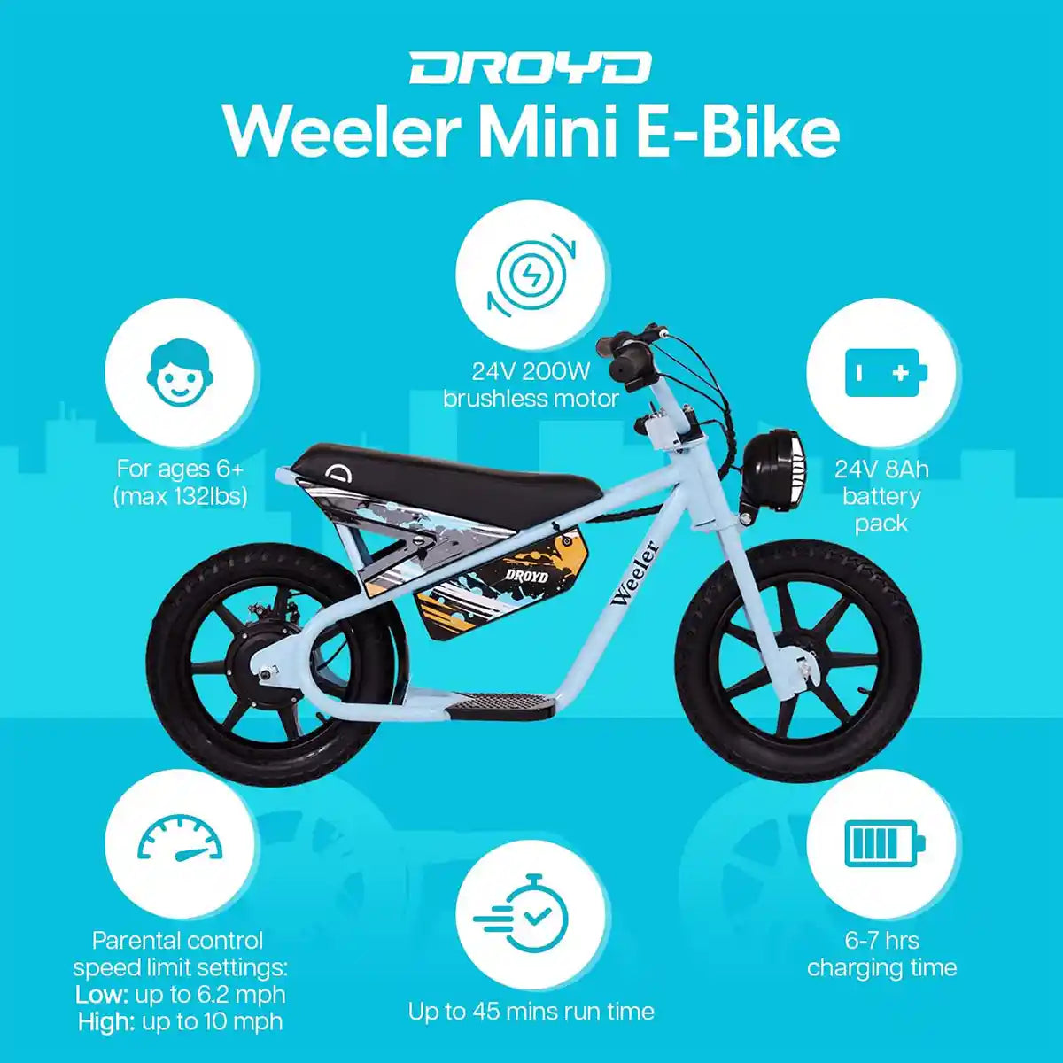 Droyd Electric Mini Bike with Max Speed 15km/h For 6Yrs+