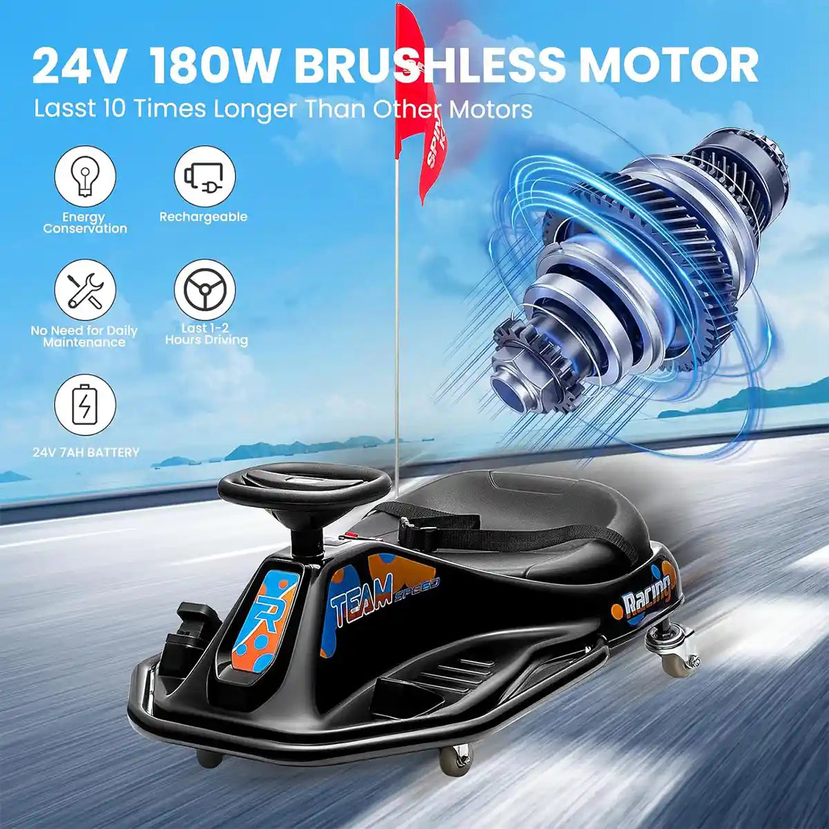 Electric Drifting Go Kart, Ride On Race Car for 3-8Yrs - High/Low Speed Switch_Black