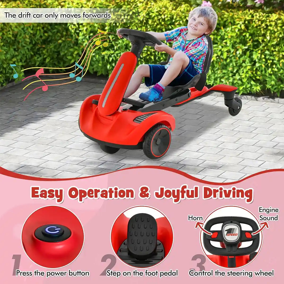 Go-Kart with 2-Way Adjustable Seat for 3Yrs+ Red