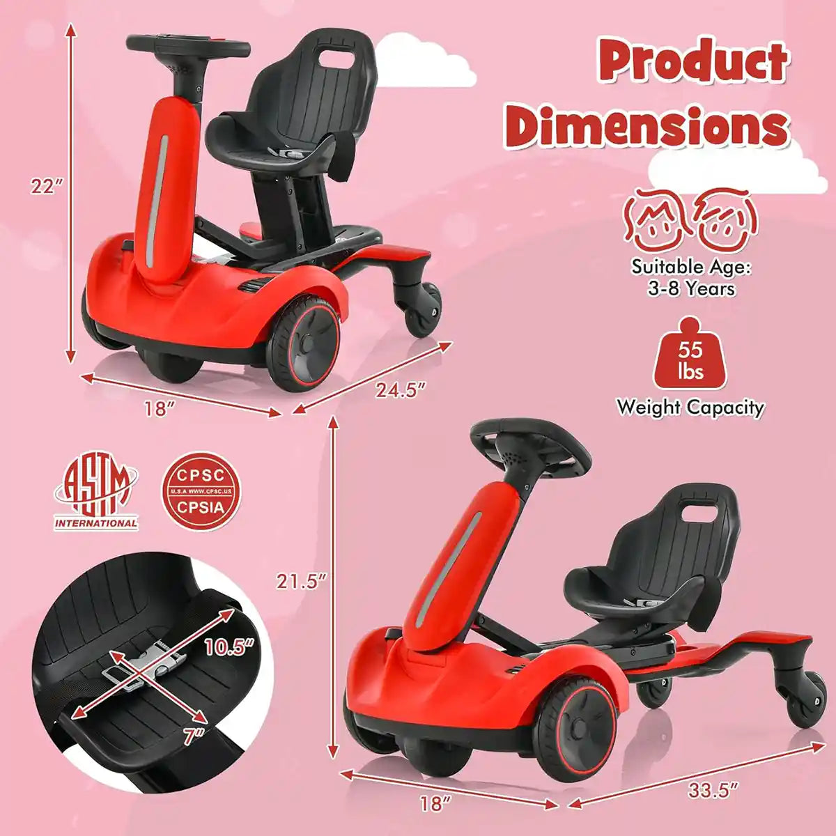 Go-Kart with 2-Way Adjustable Seat for 3Yrs+ Red