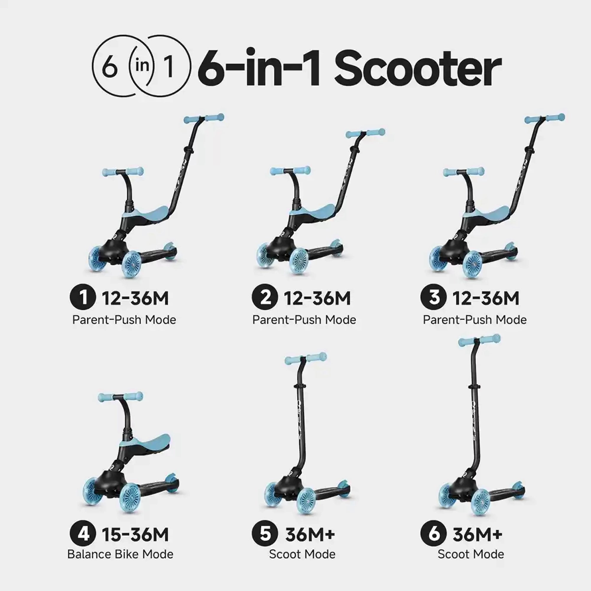 QPLAY SEMA EVO 5in1 scooter with 2in1 LED Flashing Front Wheels and Skate Board Sky Blue
