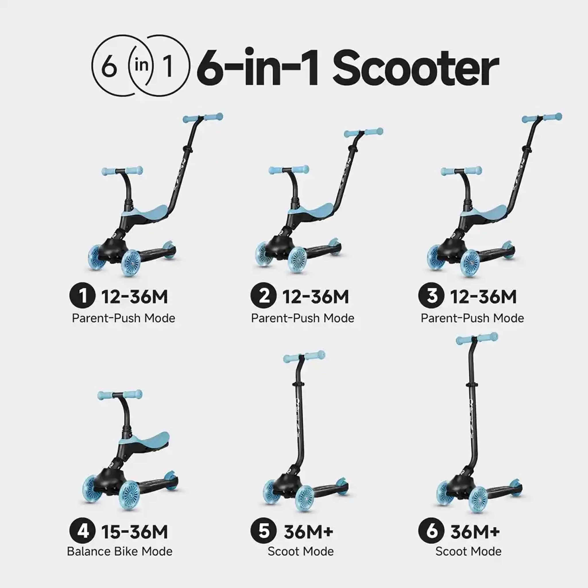QPLAY SEMA EVO 5in1 scooter with 2in1 LED Flashing Front Wheels and Skate Board Sky Blue