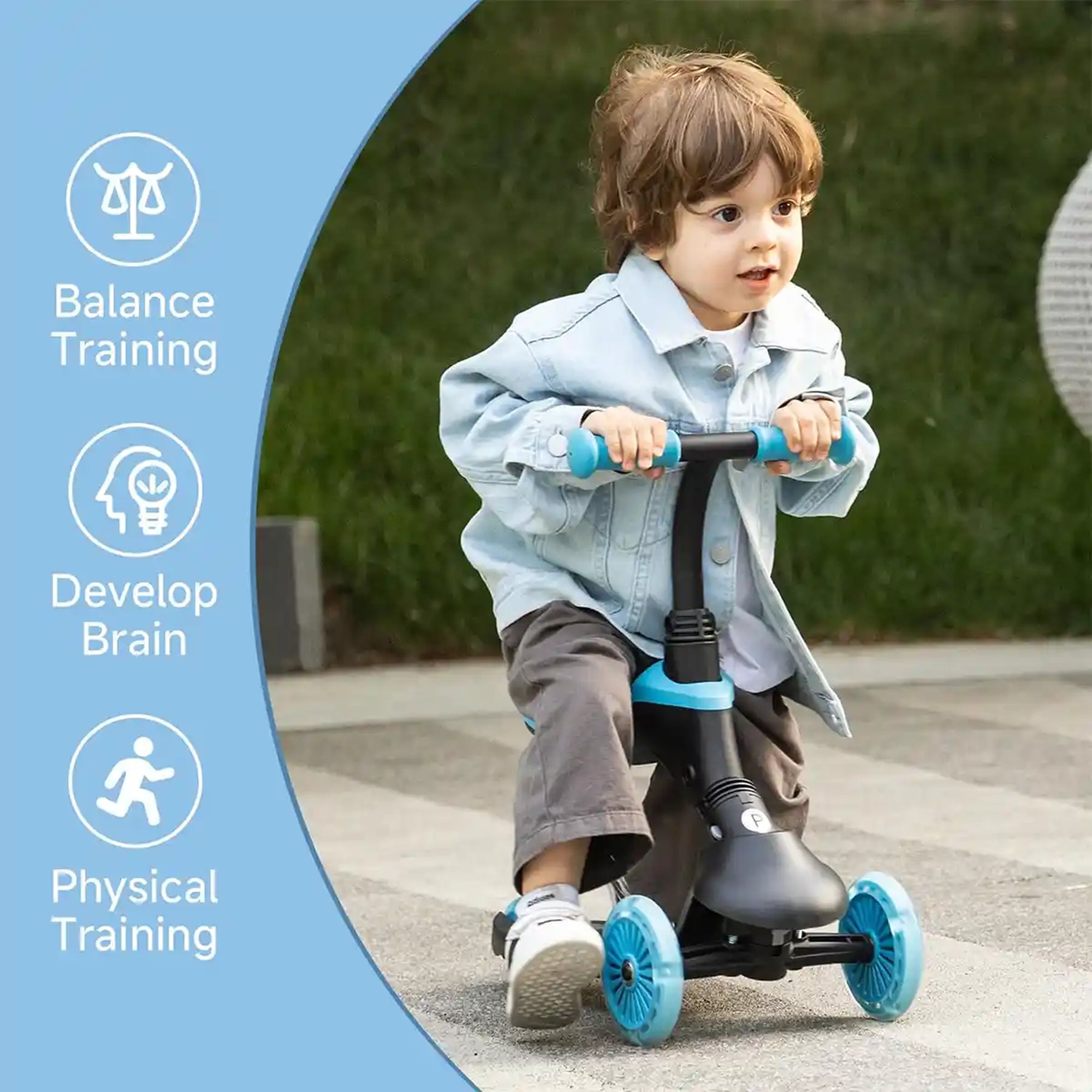 QPLAY SEMA EVO 5in1 scooter with 2in1 LED Flashing Front Wheels and Skate Board Sky Blue