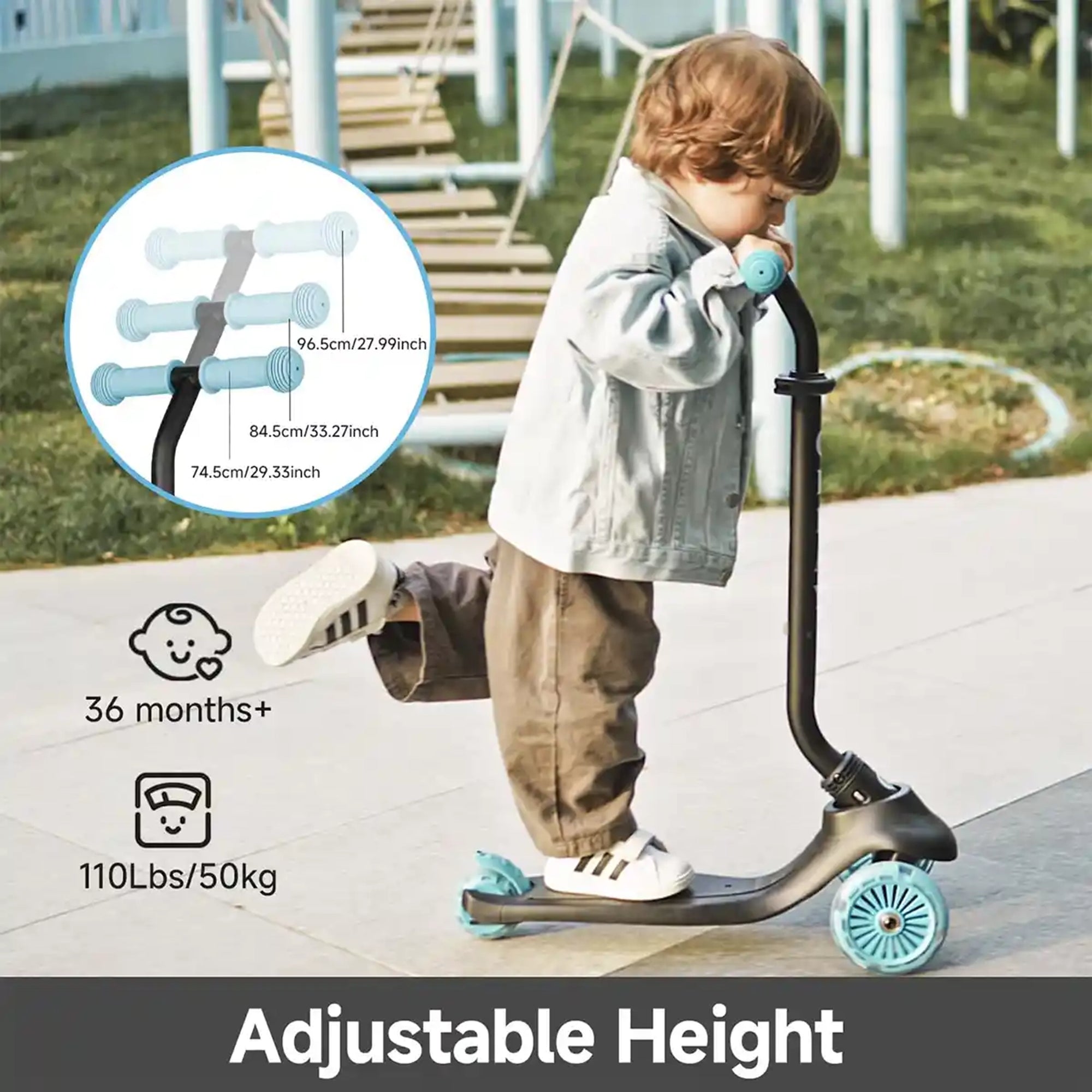 QPLAY SEMA EVO 5in1 scooter with 2in1 LED Flashing Front Wheels and Skate Board Sky Blue