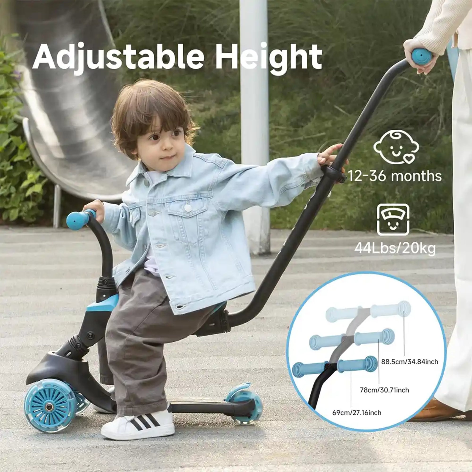 QPLAY SEMA EVO 5in1 scooter with 2in1 LED Flashing Front Wheels and Skate Board Sky Blue