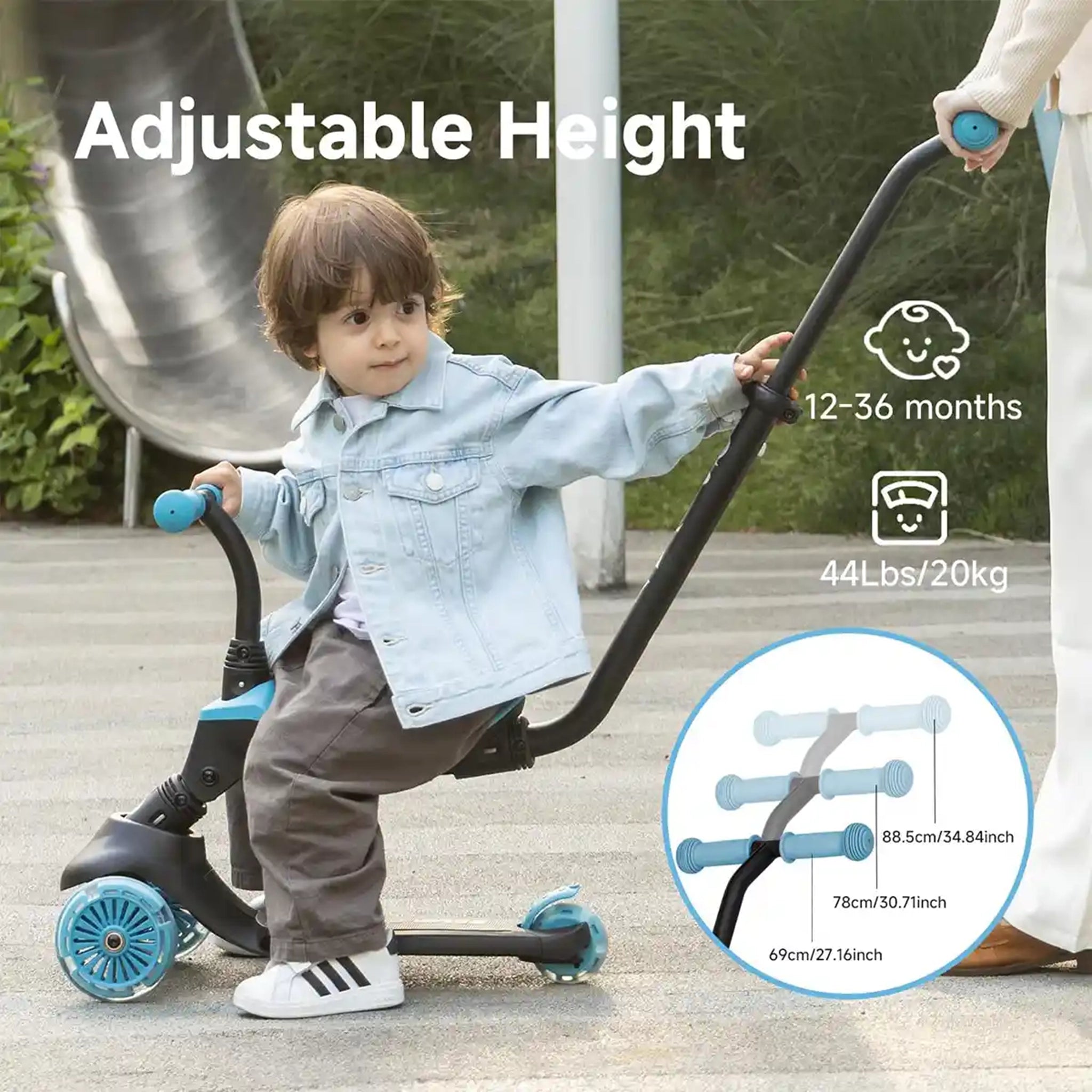 QPLAY SEMA EVO 5in1 scooter with 2in1 LED Flashing Front Wheels and Skate Board Sky Blue