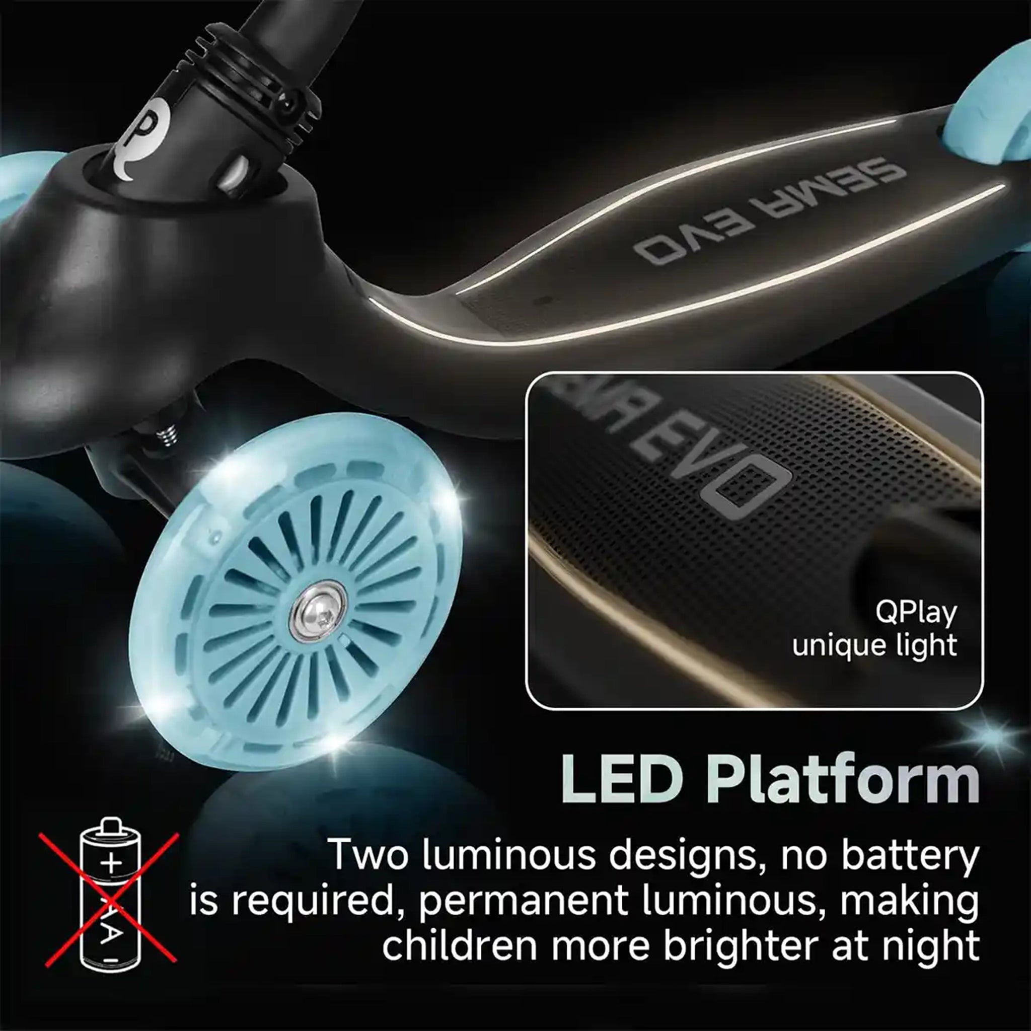 QPLAY SEMA EVO 5in1 scooter with 2in1 LED Flashing Front Wheels and Skate Board Sky Blue