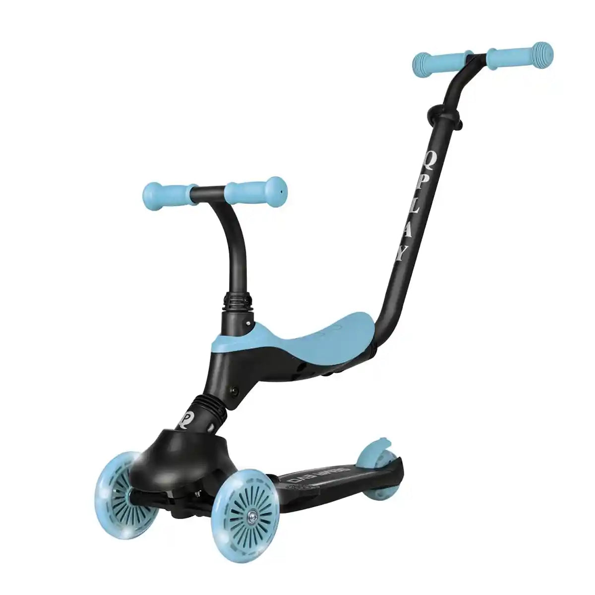 Qplay Sema Evo 5in1 Scooter With 2in1 Led Flashing Front Wheels & Skate Board Sky Blue