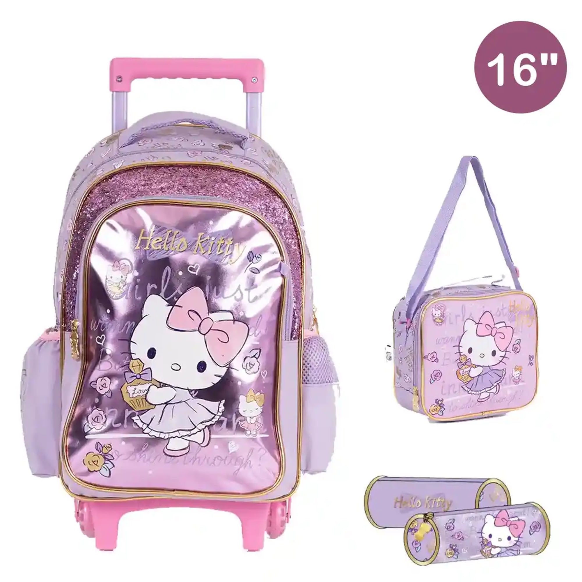 HELLO KITTY Trolley Bag 2 Main Compartments and 2 Side Pockets 16" W/ LUNCH BAG&PENCIL CASE