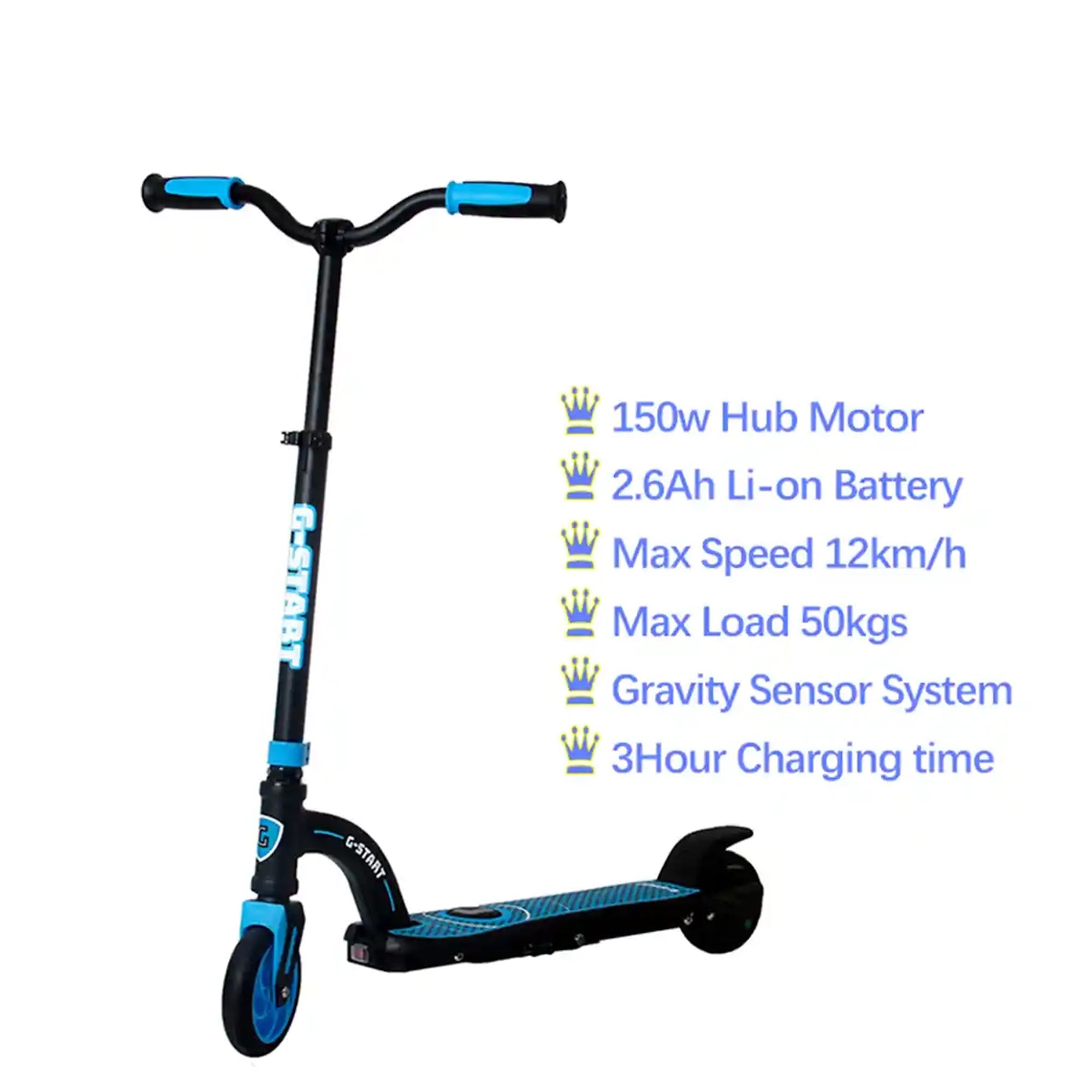 G-Start electric scooter with 24V, 3.6Ah lithium battery, 150watt motor and gravity sensor.blue