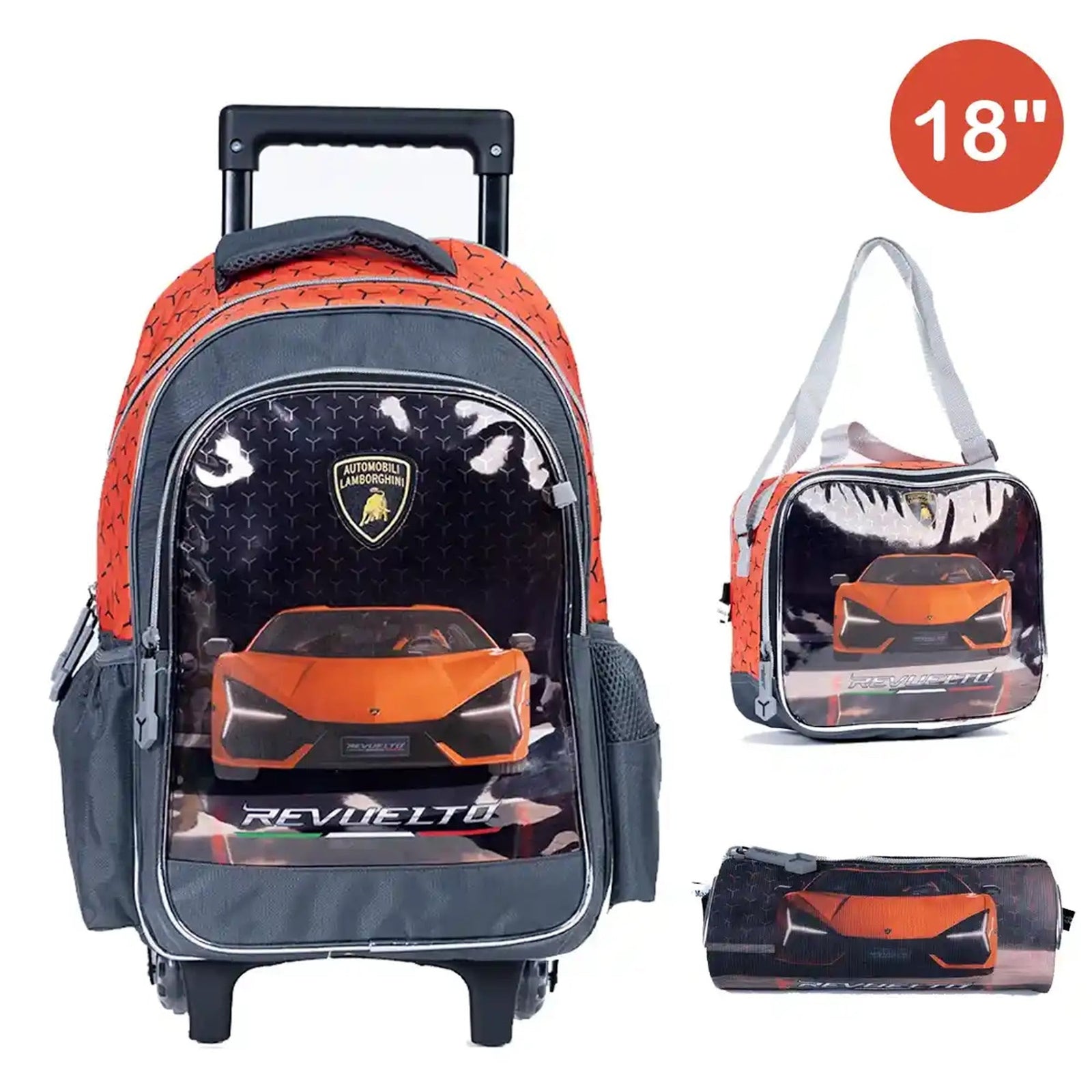 LAMBORGHINI  Trolley Bag 2 Main Compartments and 2 Side Pockets 18"  W/ LUNCH BAG&PENCIL CASE