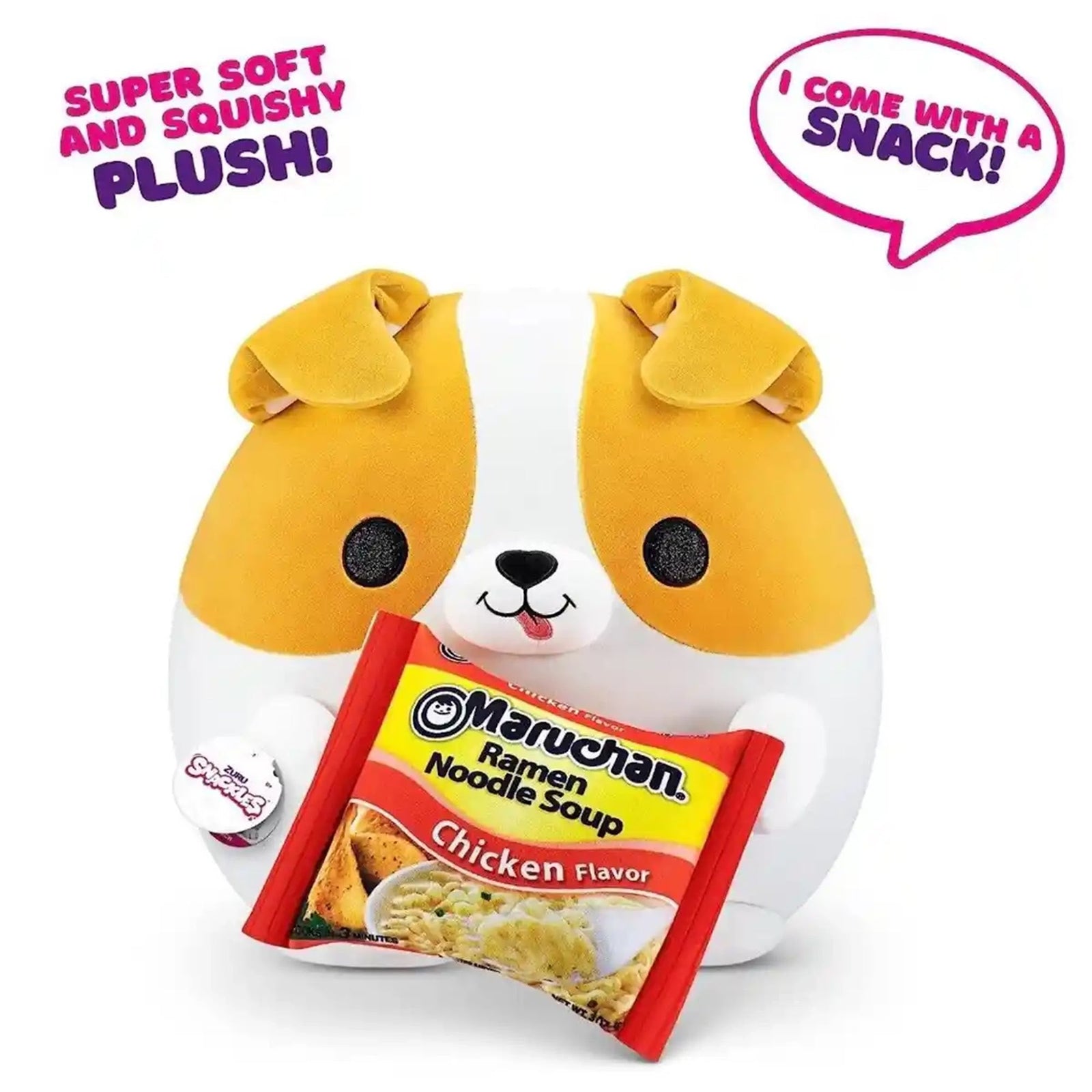 Snackles Medium - Corgi holding PLUSH Maruchan Ramen Noodle Soup Chicken 3 OZ