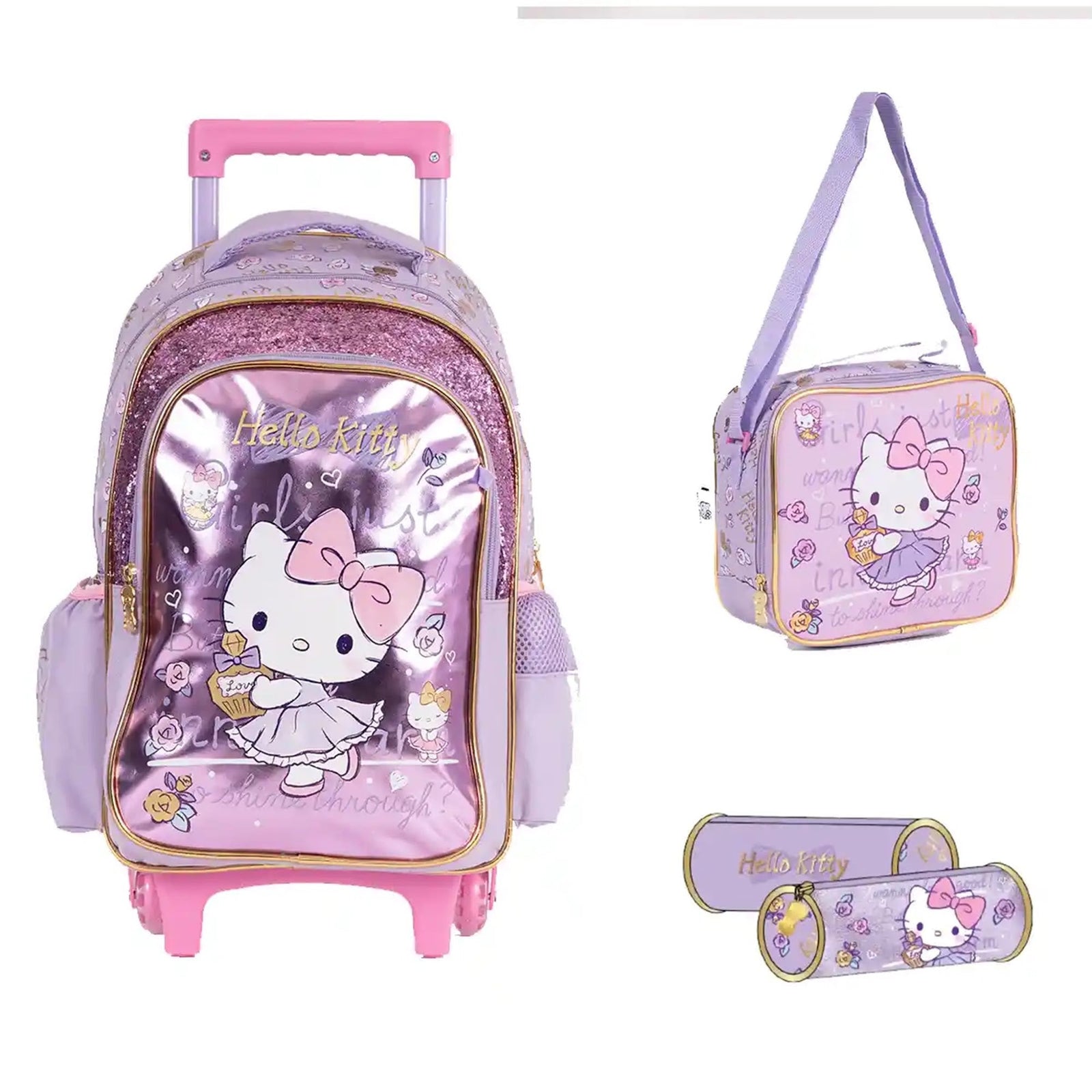 HELLO KITTY Trolley Bag 2 Main Compartments and 2 Side Pockets 16" W/ LUNCH BAG&PENCIL CASE