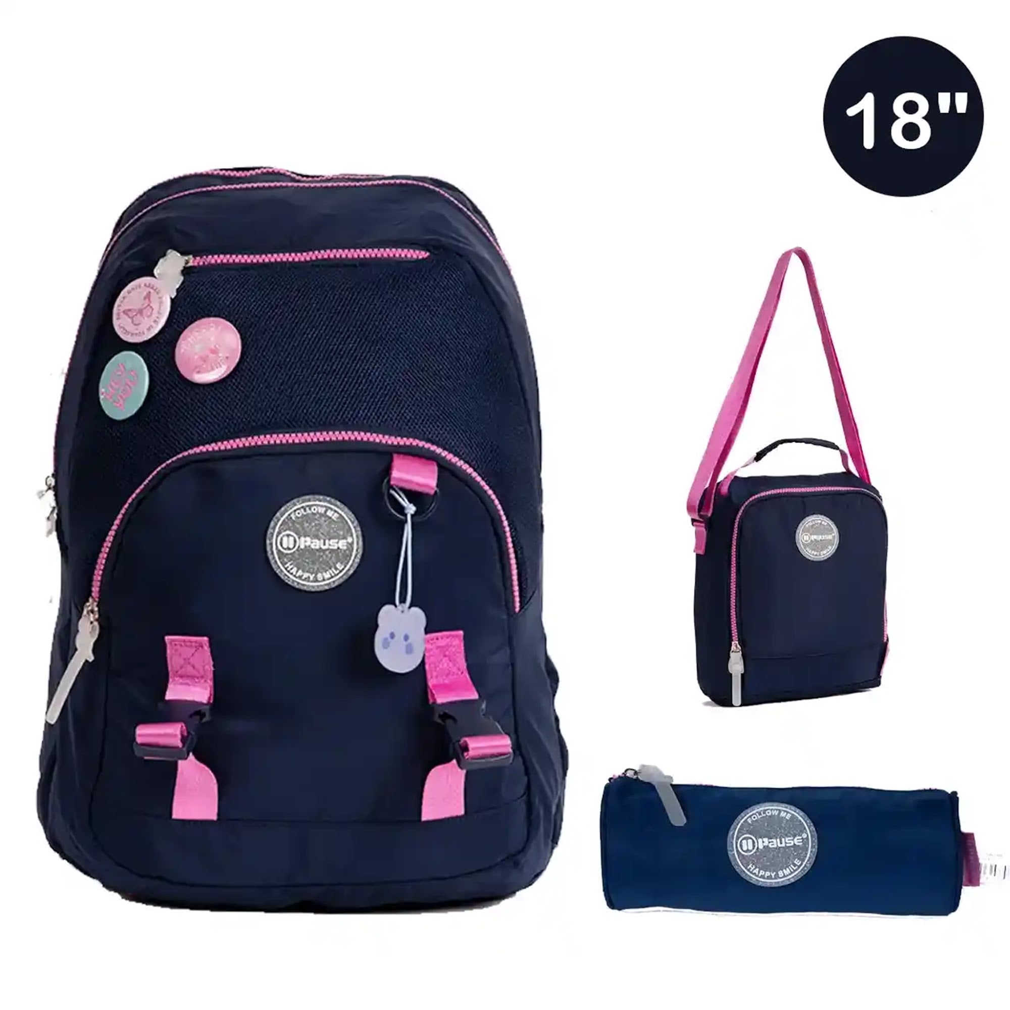 Backpack 2 Main Compartments 1 Front Pocket,1TopZipper and 2 Side Pockets 18" W/ LUNCHBAG&PENCILCASE