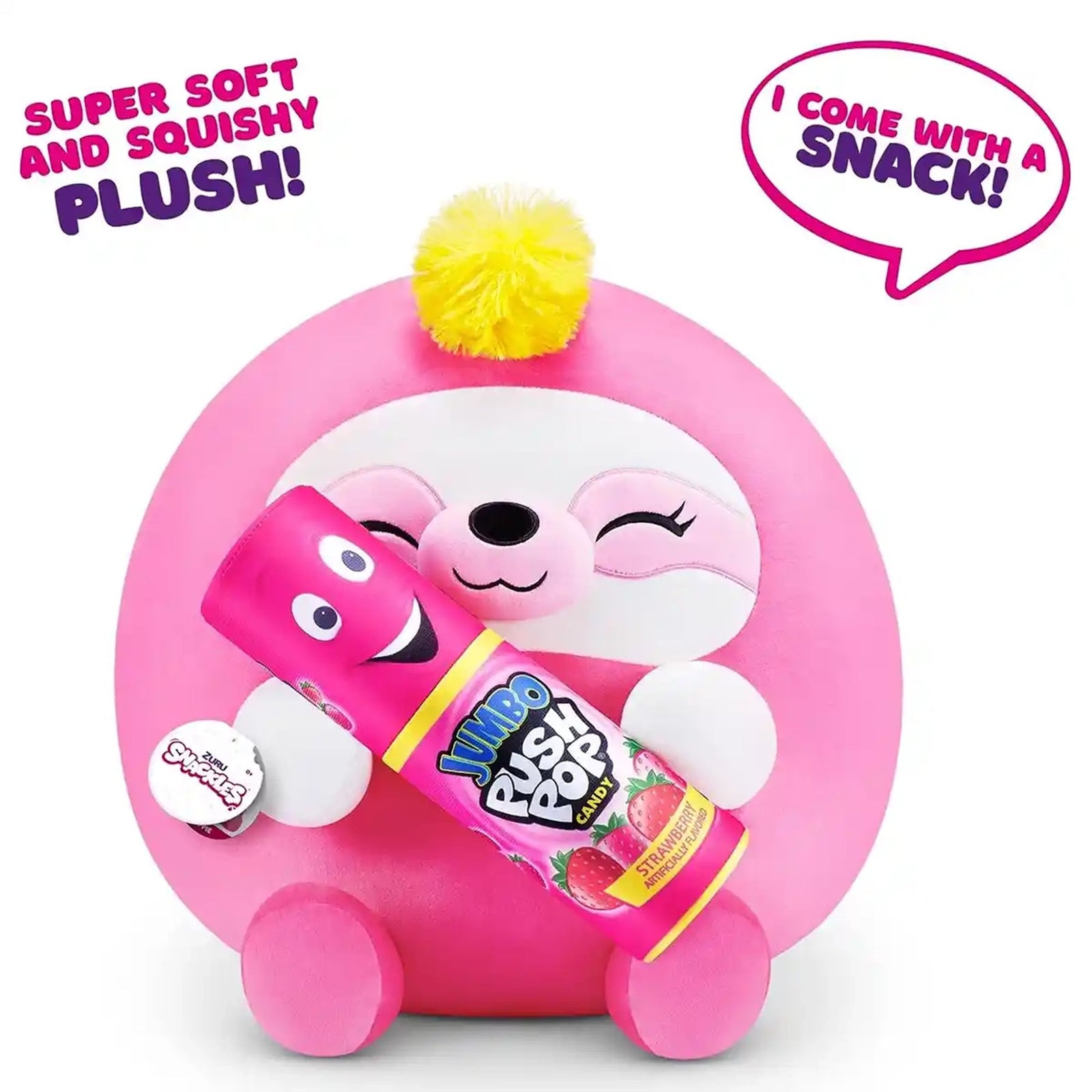 Snackles Medium - Sloth holding PLUSH Bazooka Push Pop Strawberry