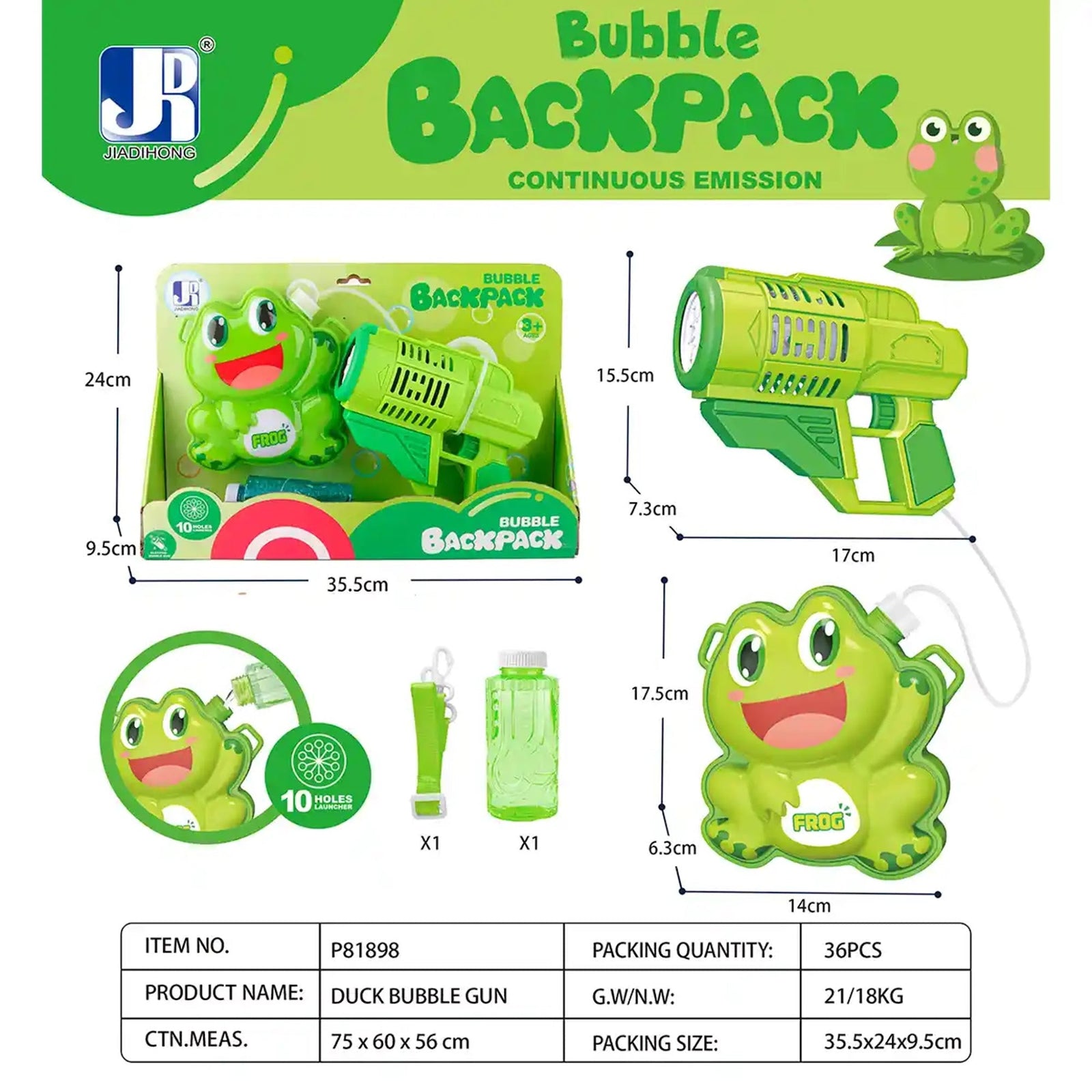 FROG BACKPACK BUBBLE GUN 3YRS+