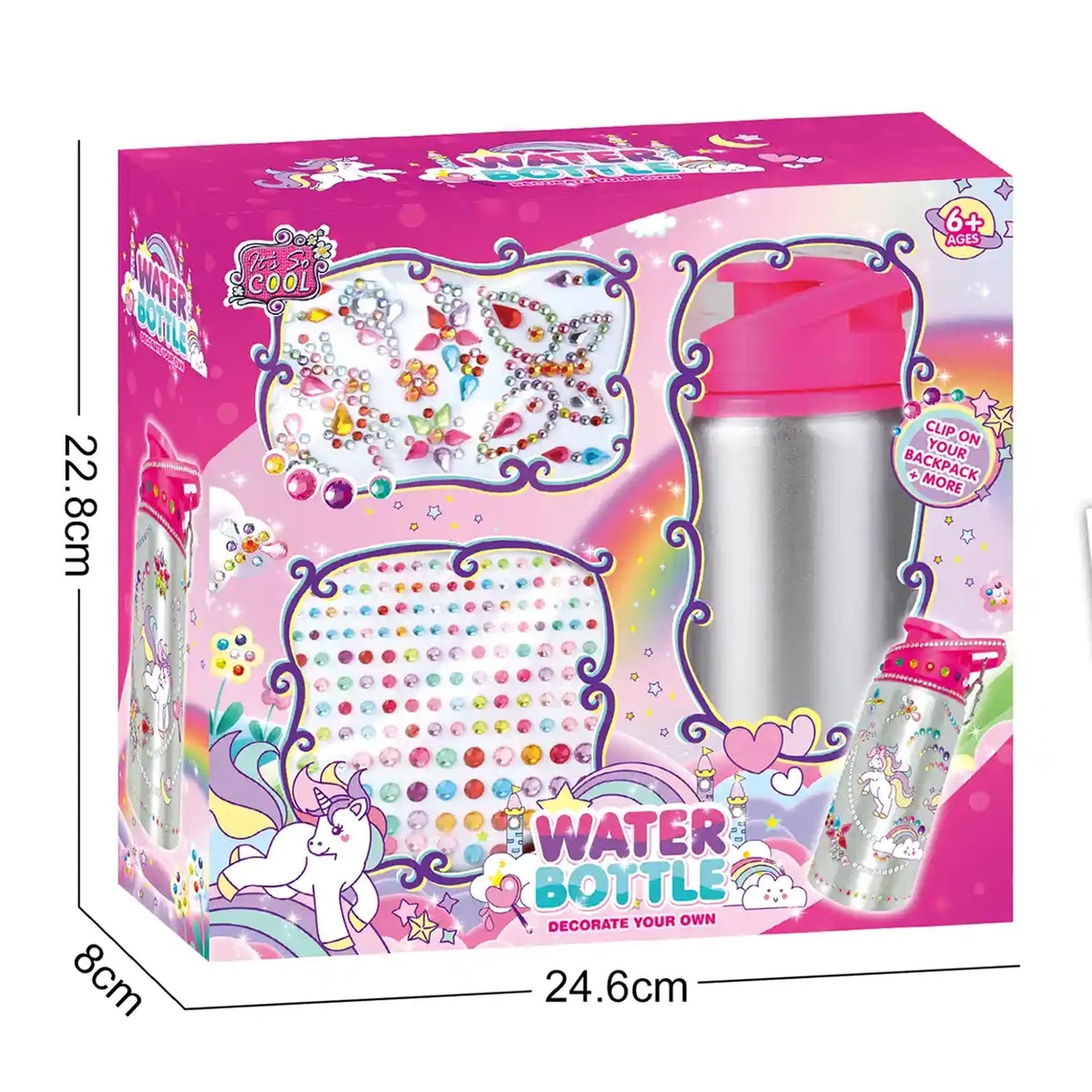 DIY DIAMOND WATER BOTTLE - UNICORN (500ML, 3 DIAMOND STICKERS, 1 SCRATCH STICKER) 6YRS+