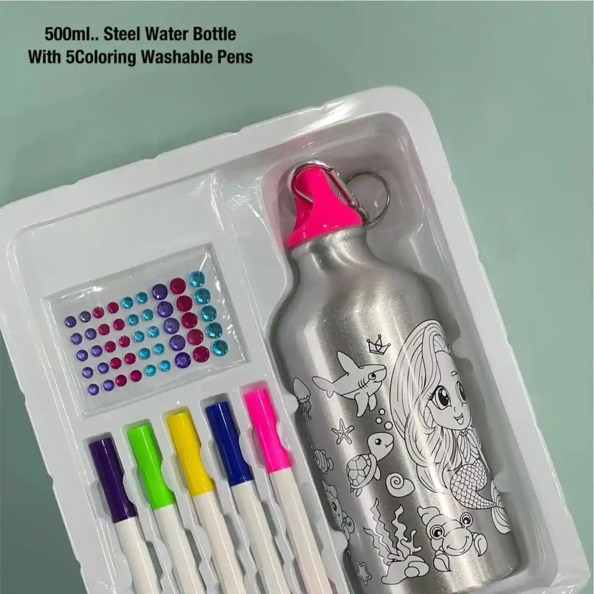 DIY MERMAID GRAFFITI WATER BOTTLE (500ML 5-COLOR WATERCOLOR PEN) 6YRS+
