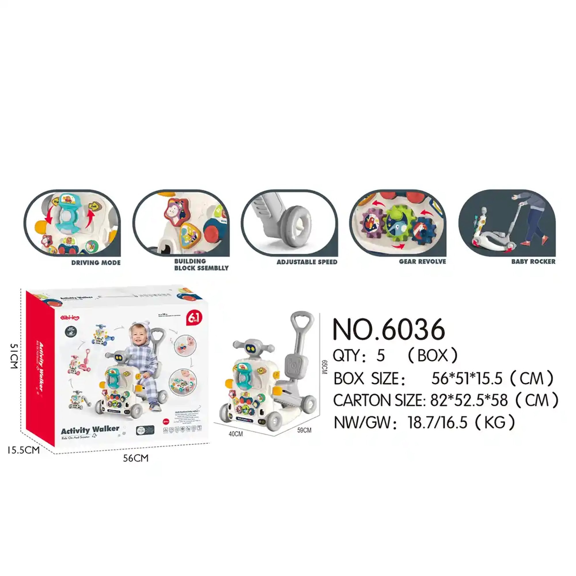 BIBI-INN MULTIFUNCTIONAL 6 in 1 ACTIVITY WALKER GREY For 6M+