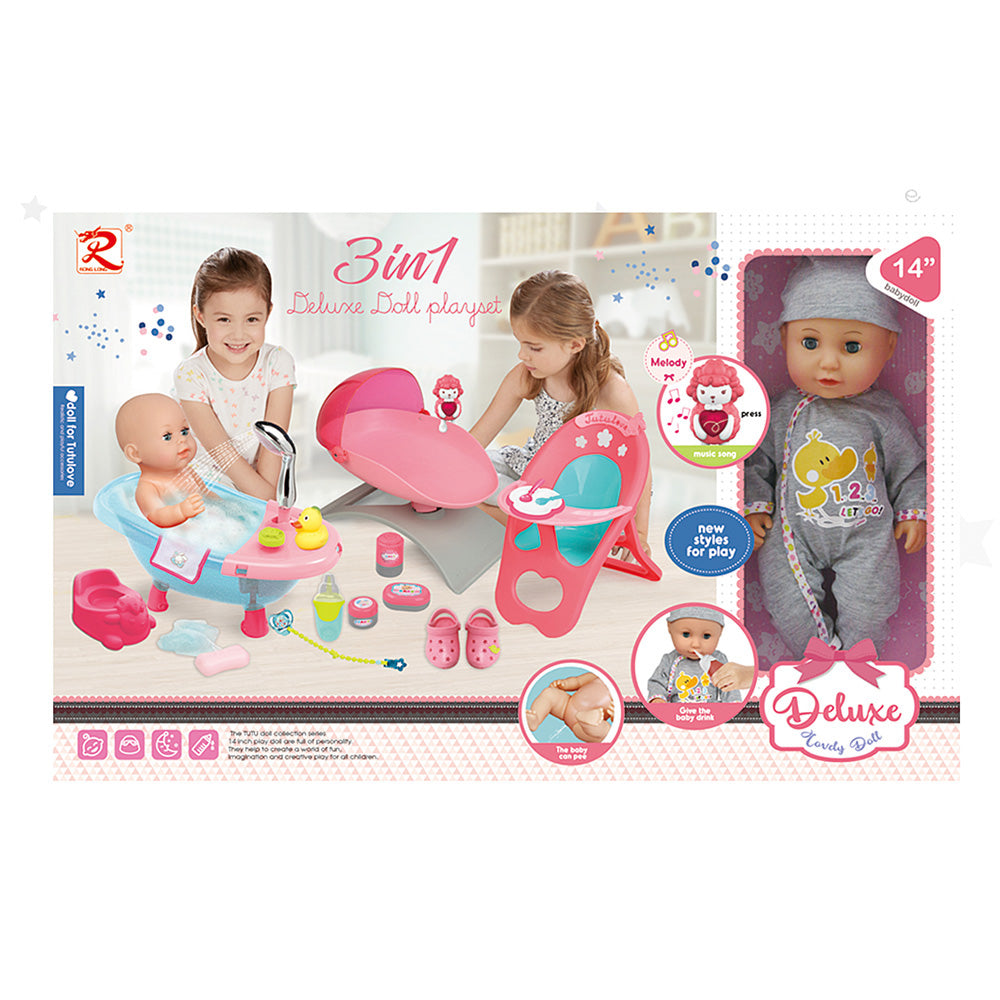 TUTU 3-IN-1 DELUXE DOLL PLAYSET 14" WITH ACCESSORIES (GREY)
