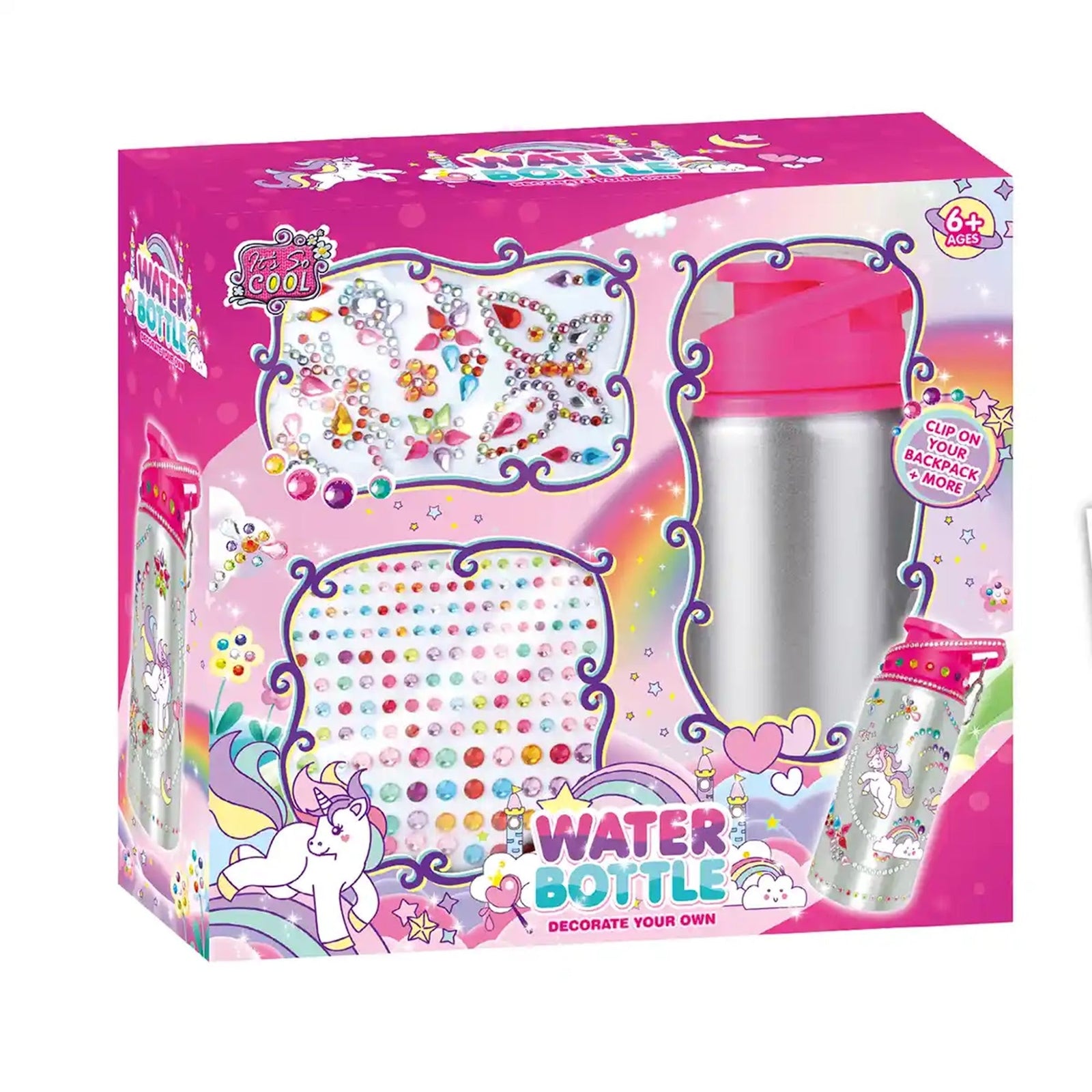 DIY DIAMOND WATER BOTTLE - UNICORN (500ML, 3 DIAMOND STICKERS, 1 SCRATCH STICKER) 6YRS+