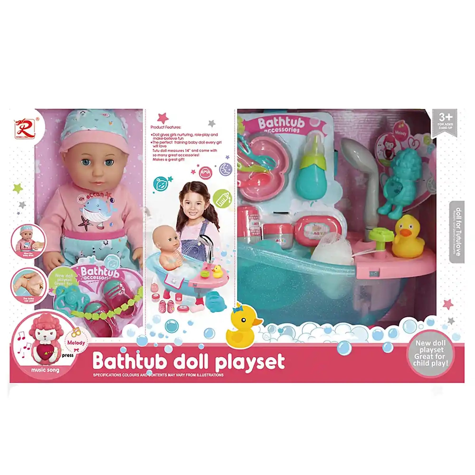 Tutu Baby Bathtub doll playset w/14 inch doll blue