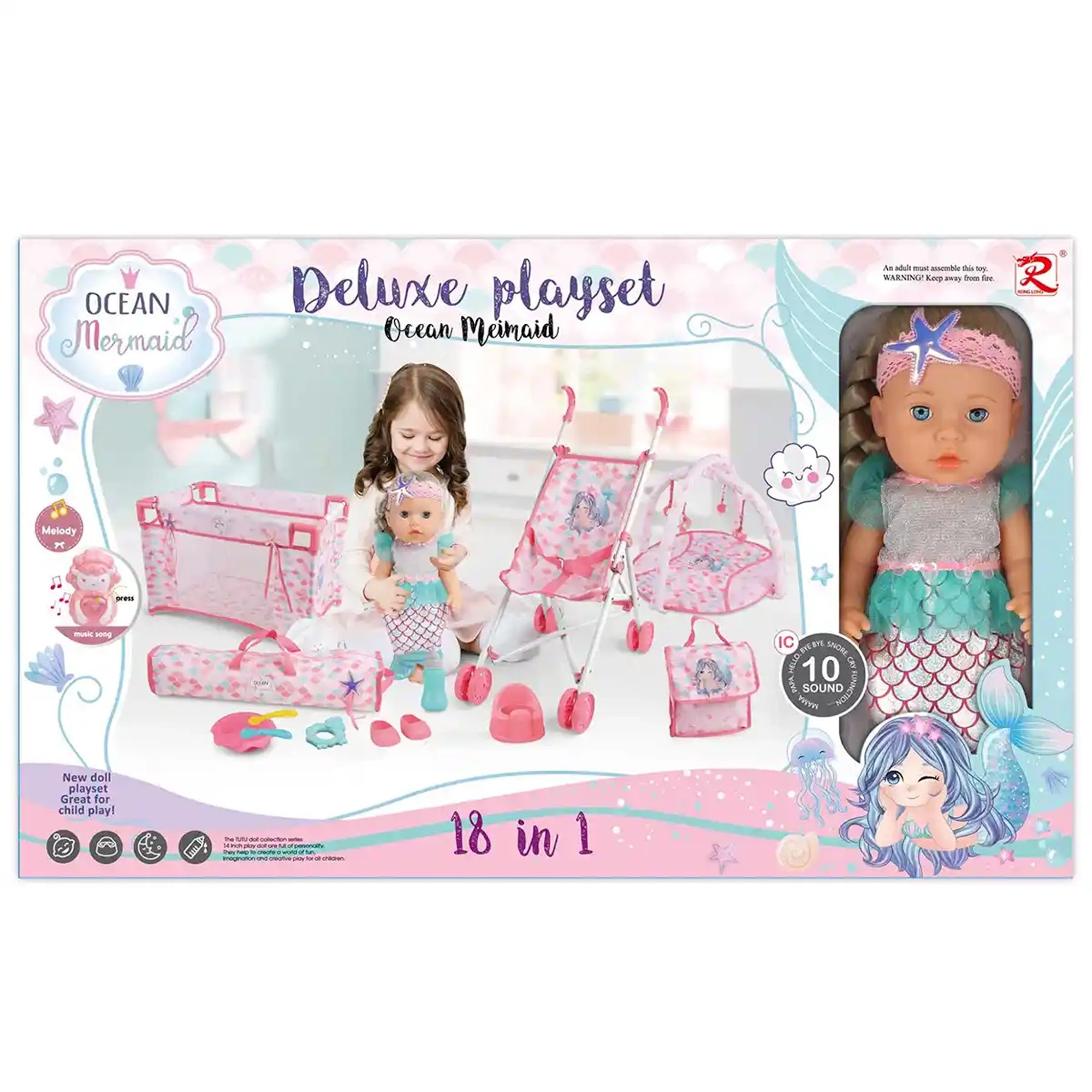 Tutu 18 in 1 Baby Doll Ocean Mermaid Playset (Pink head band)