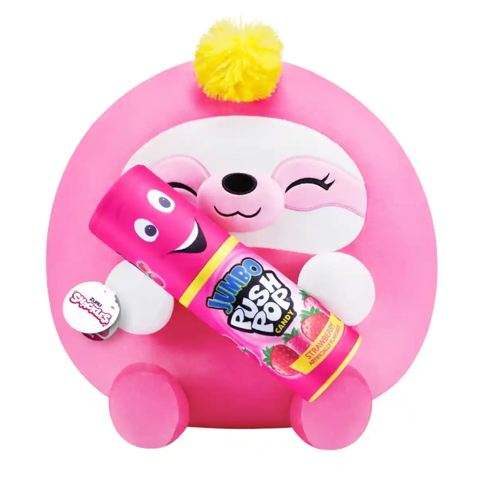 Snackles Medium - Sloth holding PLUSH Bazooka Push Pop Strawberry