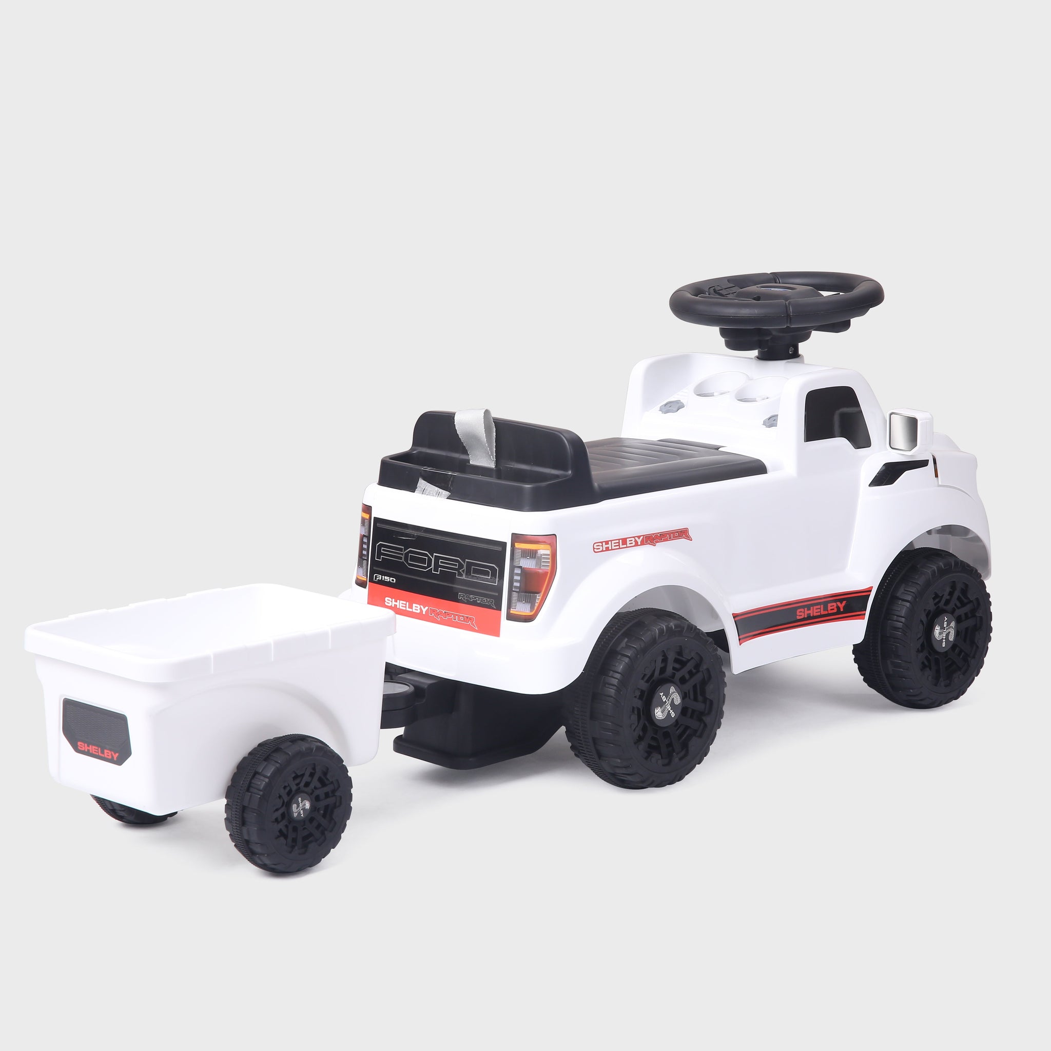 Shelby Ford F-150 Raptor Kids Foot-to-Floor Ride-On Truck with Trailer White