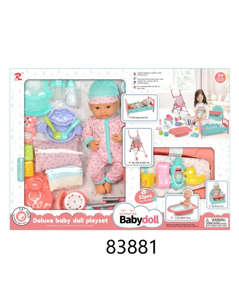 TUTU DELUXE 14" BABY DOLL PLAYSET WITH 22PCS ACCESSORIES 3YRS+